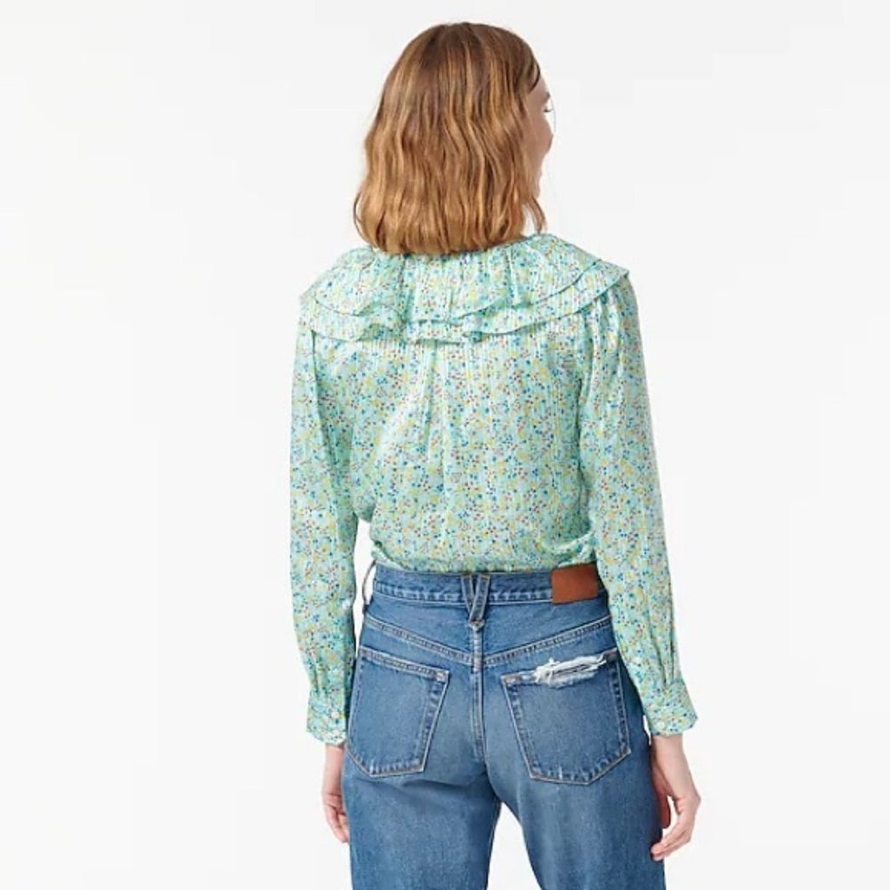 J. Crew | Ruffle Top In Field Day Print Aqua Small Ditsy Floral Mint New Viscose - Picture 8 of 15